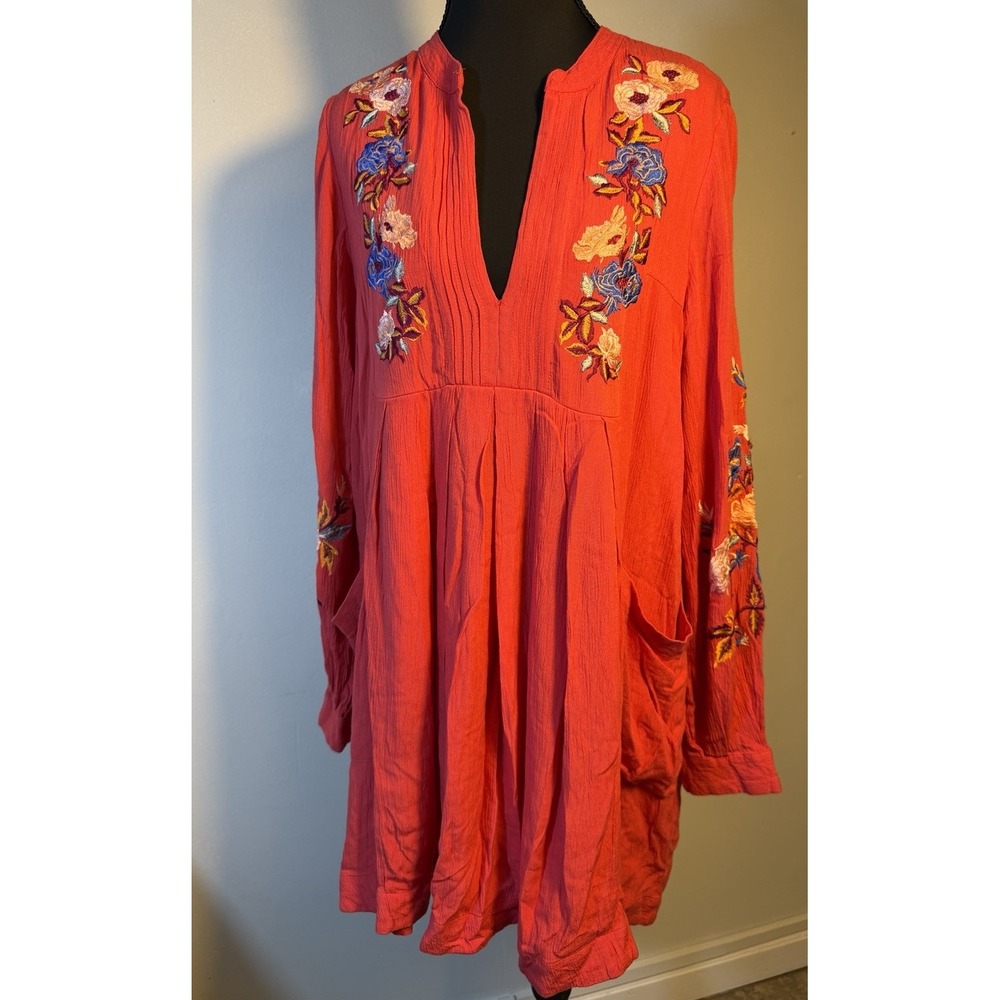 Free People Mia Gauze Floral‎ Embroidered Long Sleeve Mini Dress Size XS Red - Picture 3 of 11